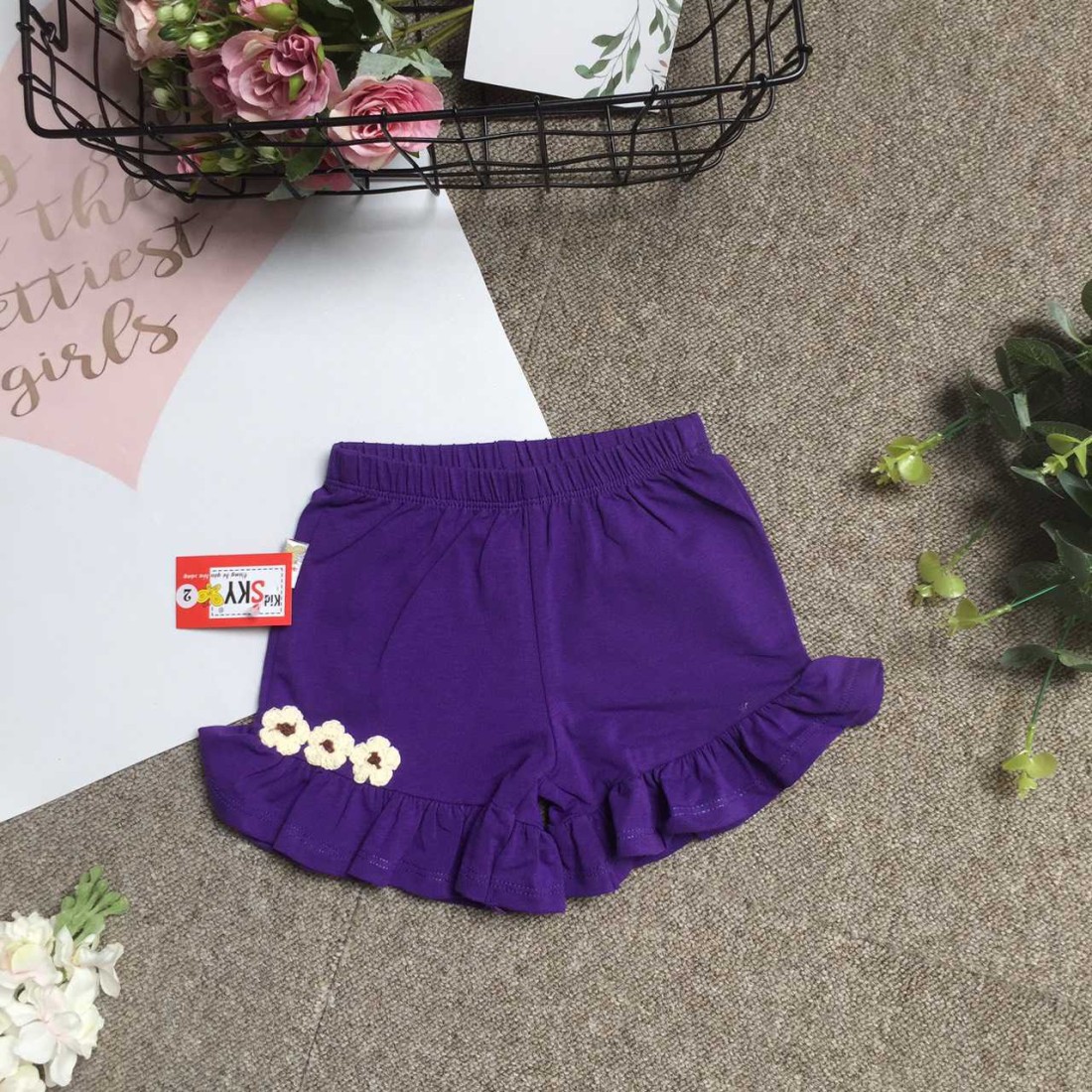 quần đùi cotton bèo gấu 3 hoa bé gái size 2-8-